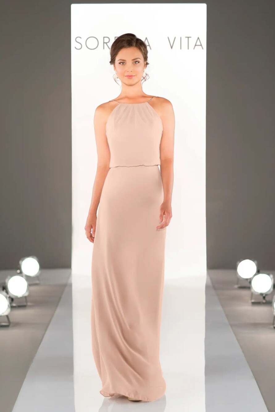 Sorella Vita rose pink spaghetti strap blouson full length chiffon gown Size 12